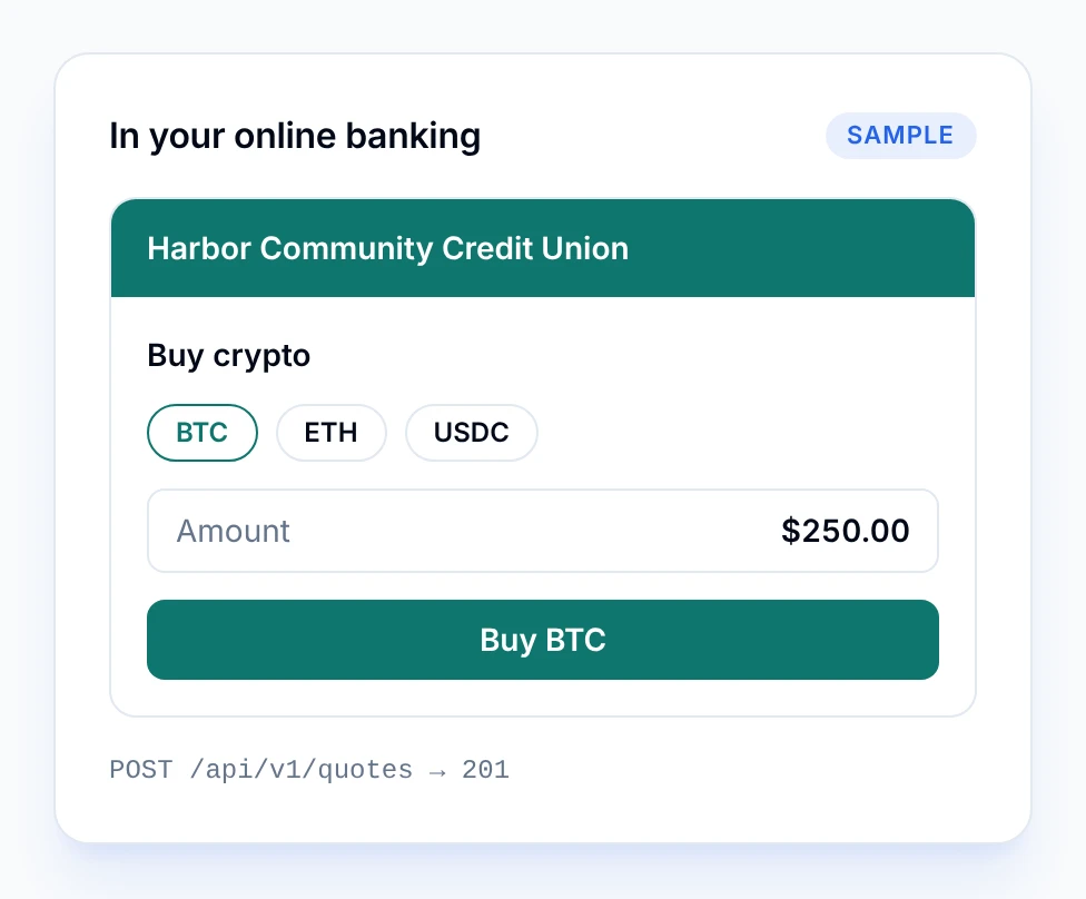 Anytime Capital – Institutional: a credit union's online banking offering Buy crypto in BTC, ETH or USDC, powered by our quotes API