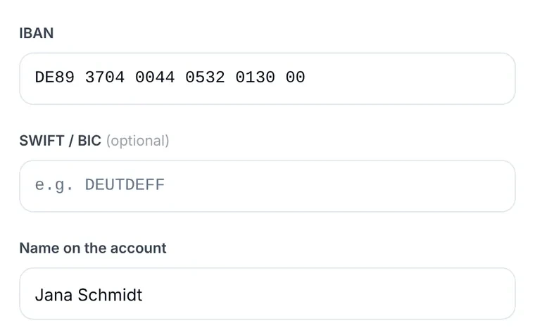 Anytime Capital product view: a euro payout form with an IBAN field, an optional SWIFT/BIC field and the name on the account