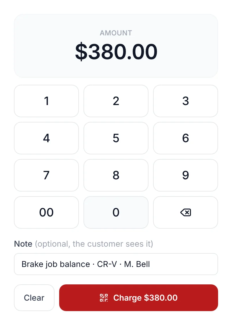 The In person keypad with $380.00 keyed in and the note "Brake job balance · CR-V · M. Bell"
