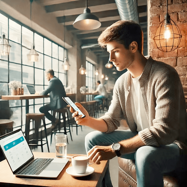 A café customer paying on their own phone
