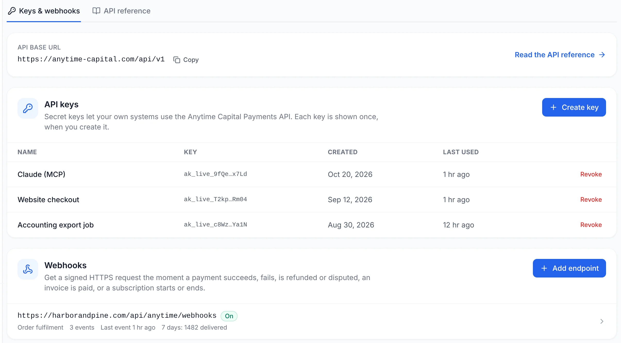 Developer settings in the Anytime Capital dashboard: API keys, including one for Claude over MCP, and a webhook endpoint
