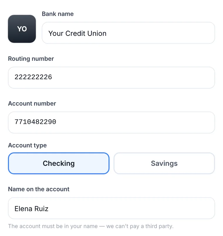 Anytime Capital Sell page asking for the wire routing number and account number