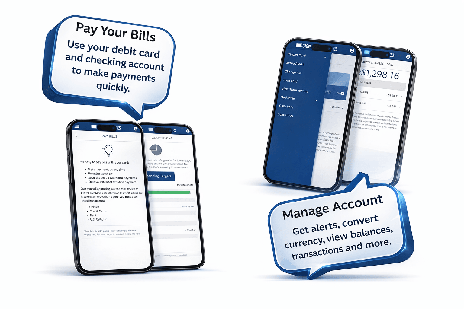 Mobile cash account interface showing bill pay and account management features