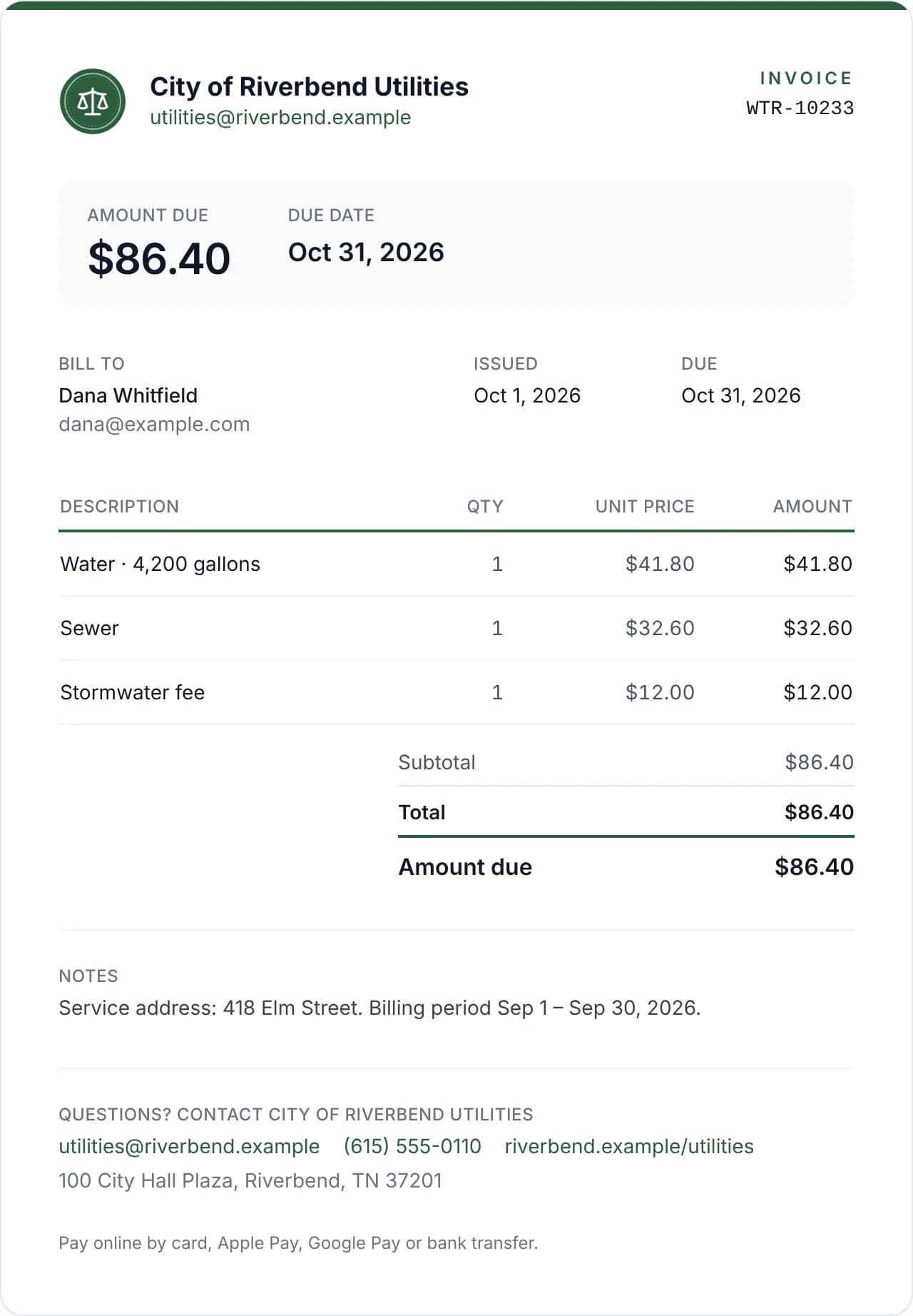 City of Riverbend Utilities invoice WTR-10233: water, sewer and stormwater charges, $86.40 due October 31, payable by card, Apple Pay, Google Pay or bank transfer