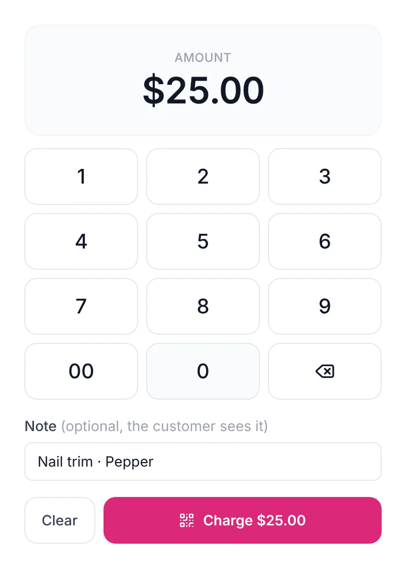 The In person keypad in the Anytime Capital dashboard with $25.00 keyed in and the note "Nail trim · Pepper"