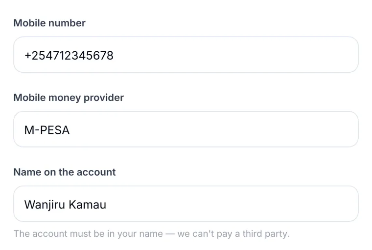 Anytime Capital Sell page asking for an M-PESA mobile number and provider